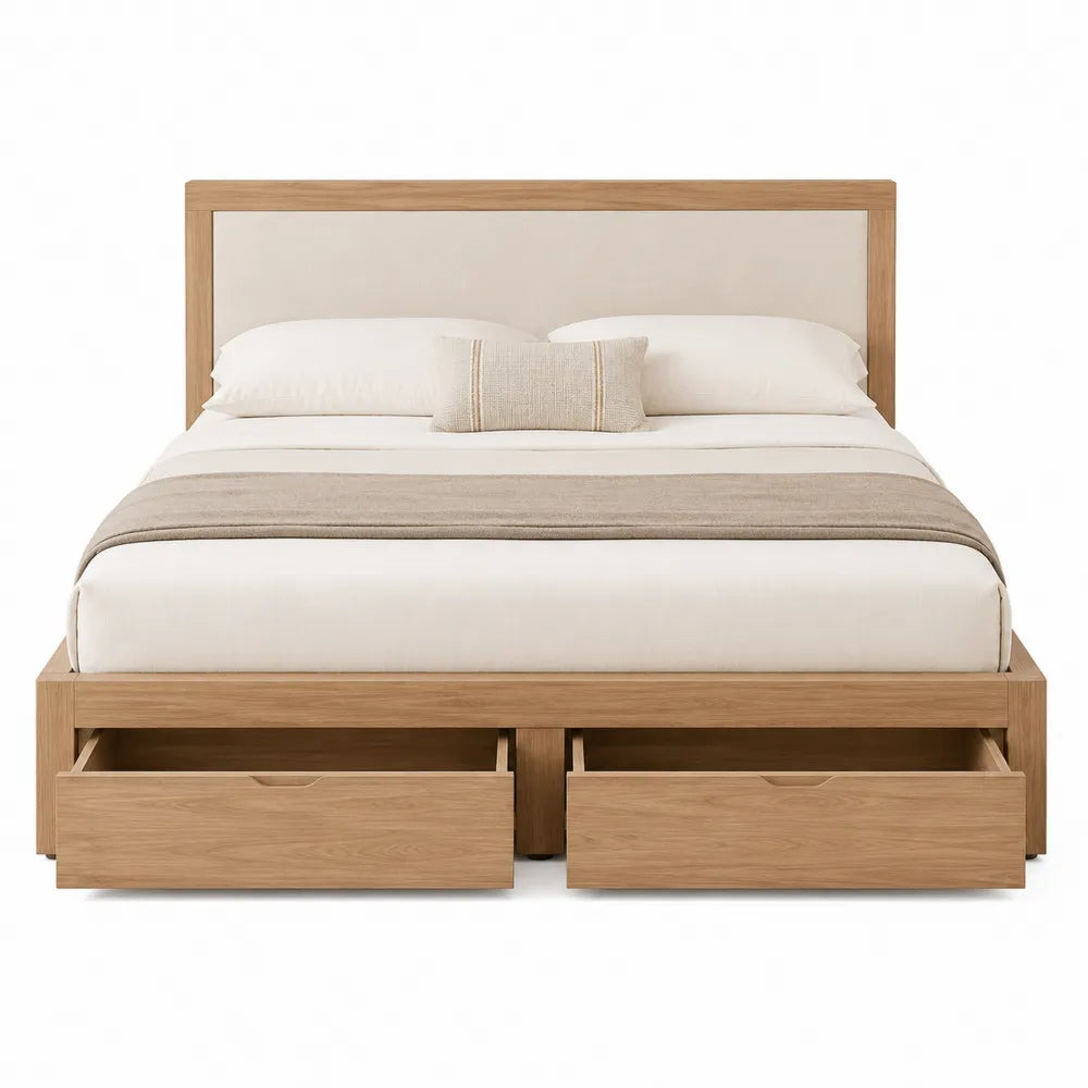 Letto matrimoniale contenitore 160 x 200 cm con 2 cassetti frontali testiera imbottita beige struttura in truciolare effetto rovere chiaro