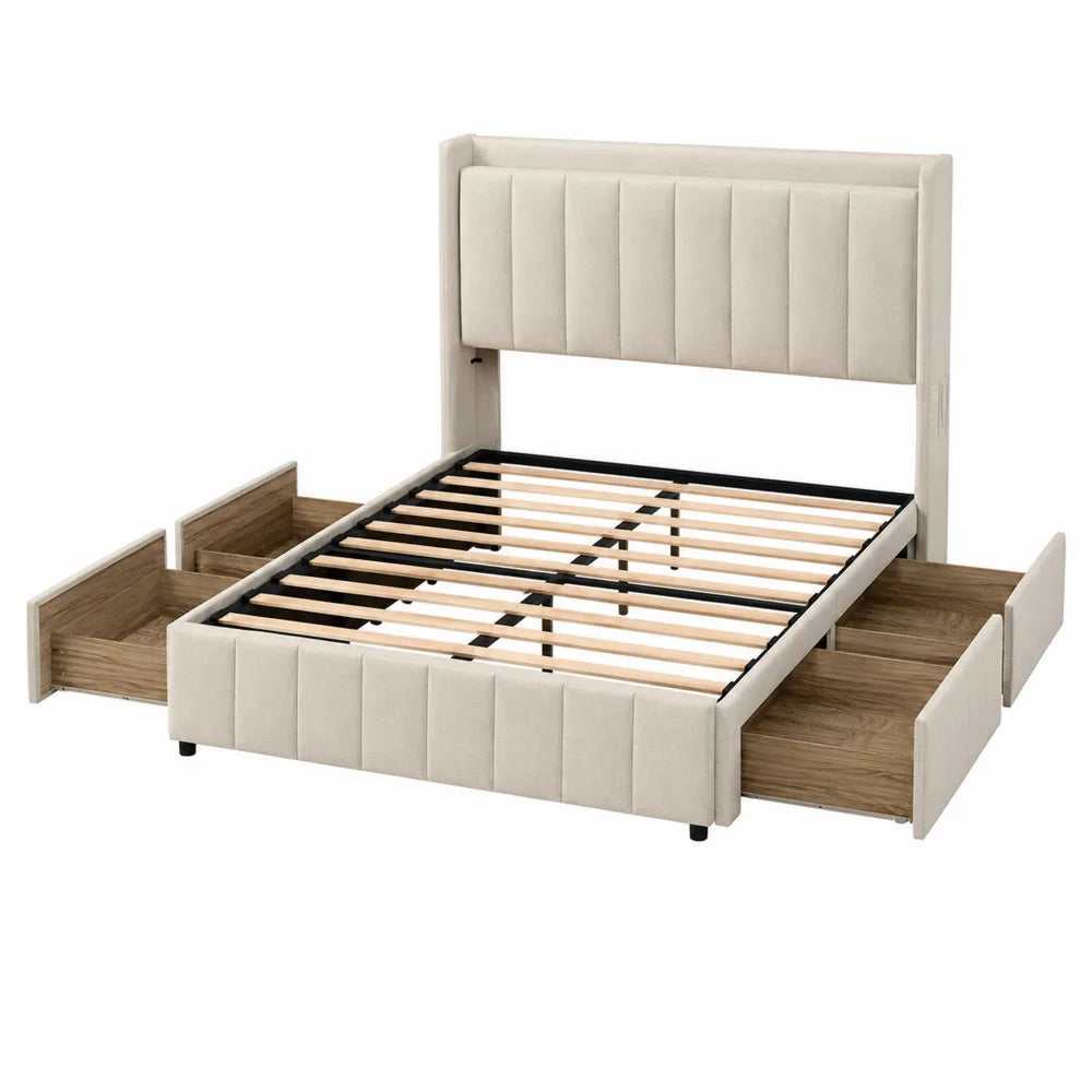 Letto matrimoniale rettangolare 160 x 200 cm in MDF e tessuto di poliestere beige con cassetti laterali