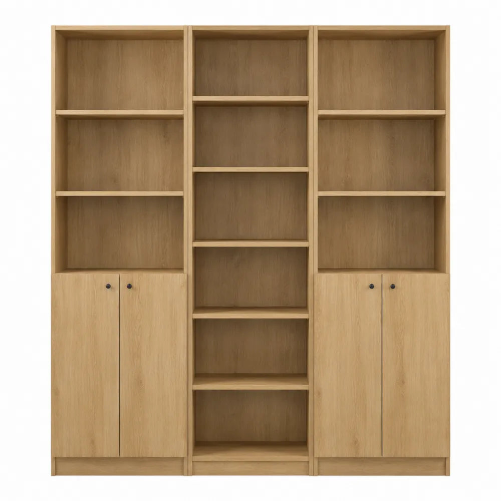 Libreria per ufficio in legno effetto rovere con ante e ripiani aperti struttura modulare con vani contenitori