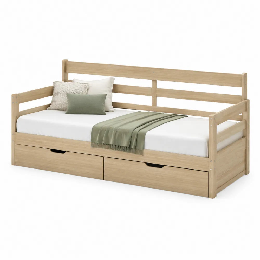 Letto singolo rettangolare 90 x 200 cm in pino e MDF rovere chiaro con sponde e cassetti