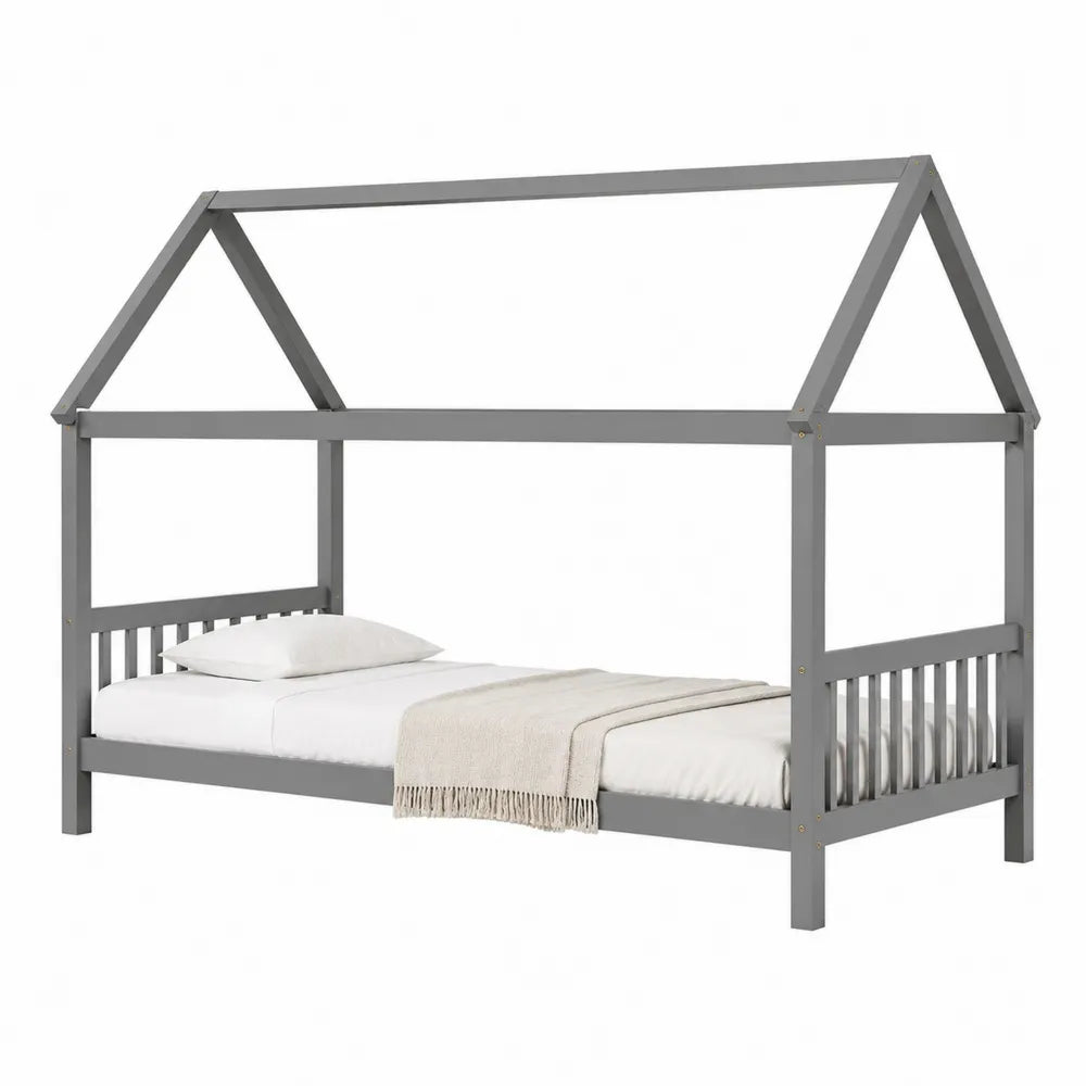 Letto a casetta singolo per bambini 90 x 200 cm in legno di pino grigio rettangolare