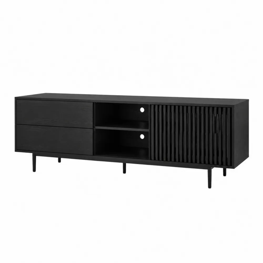 Mobile TV lineare in MDF nero con cassetti ripiani aperti anta scanalata e gambe in metallo 180 x 40 x 55 cm