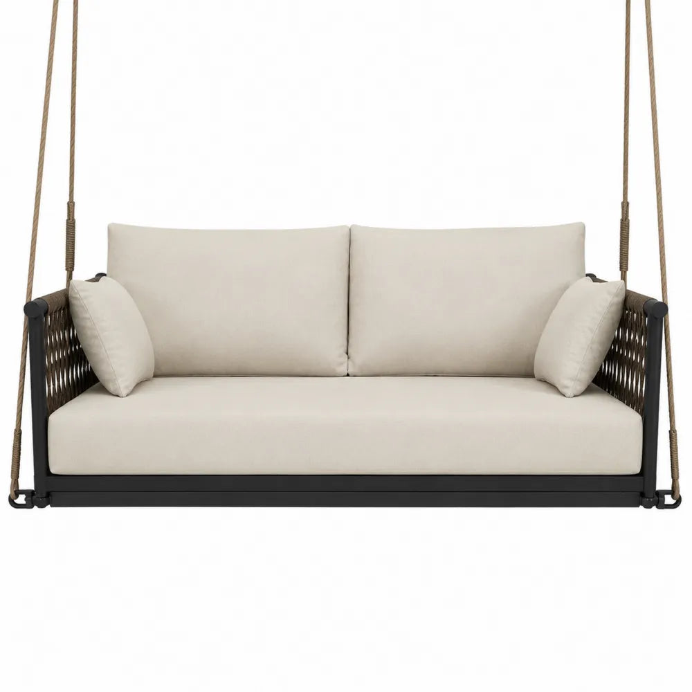 Divano sospeso da esterno a 2 posti in acciaio nero con cuscini beige e corde marroni 180 x 75 x 190 cm