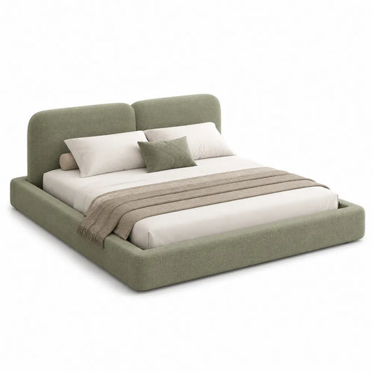 Letto matrimoniale imbottito 160 x 200 cm con testiera doppia rivestimento in tessuto verde salvia struttura in MDF e truciolare