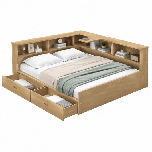 Letto matrimoniale contenitore 160 x 200 cm con libreria integrata ripiani e cassetti in truciolare effetto rovere naturale