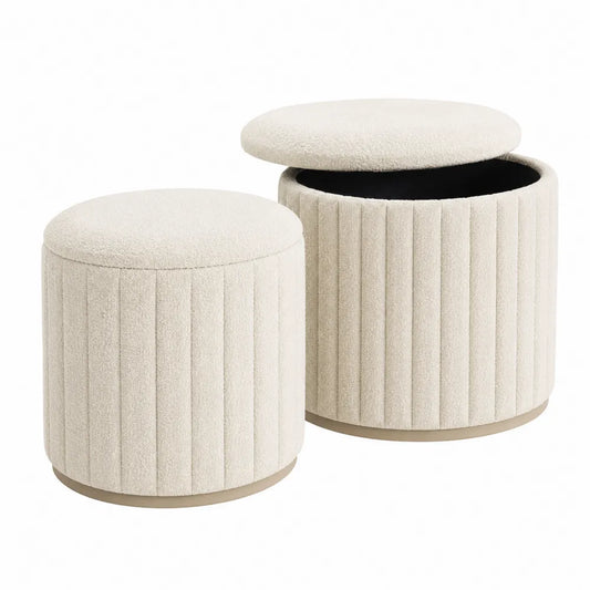Set 2 pouf contenitore cilindrici in tessuto bouclé beige struttura MDF 45 cm x 40 cm e 40 cm x 35 cm con coperchio removibile