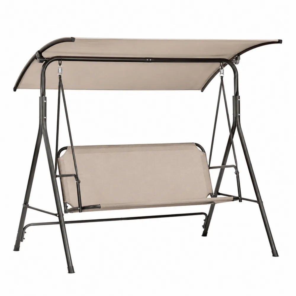 Altalena da giardino a 3 posti in acciaio nero con tettuccio e seduta in tessuto poliestere beige 170 cm x 110 cm x 150 cm