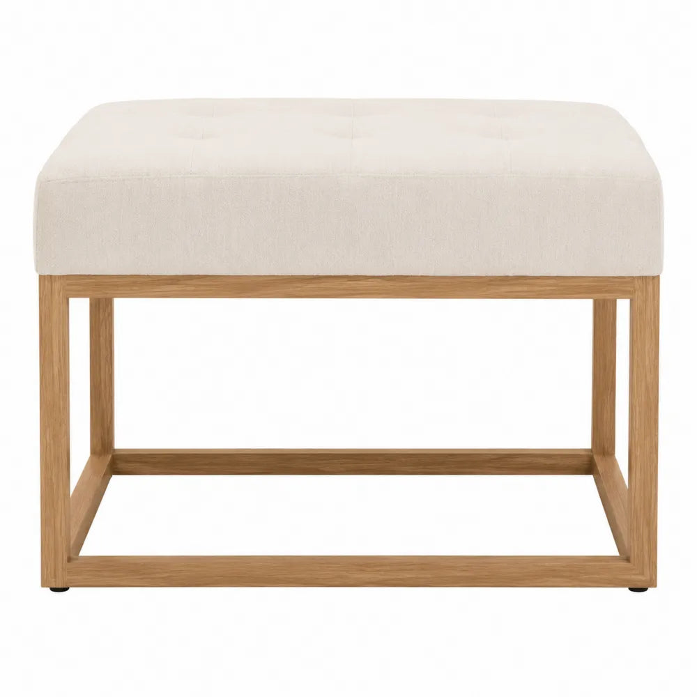 Pouf poggiapiedi rettangolare in tessuto bouclé beige chiaro con telaio in legno di rovere 60 x 40 x 45 cm