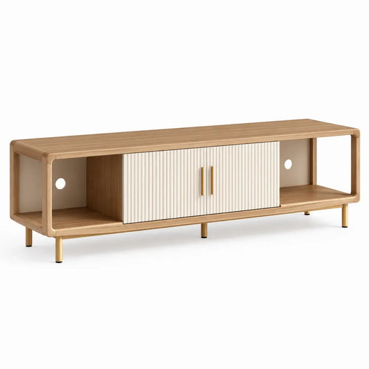 Mobile TV 160 cm x 40 cm x 50 cm in legno effetto rovere con ante scorrevoli bianche e struttura in metallo dorato con vani aperti