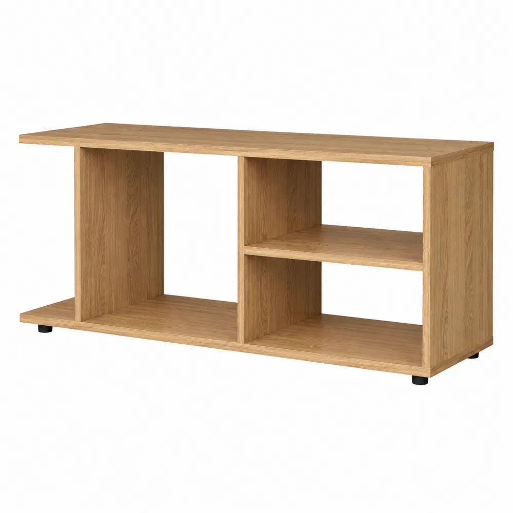 Mobile TV lineare in pannello MDF effetto rovere chiaro con ripiani aperti e piedini neri 140 x 40 x 60 cm