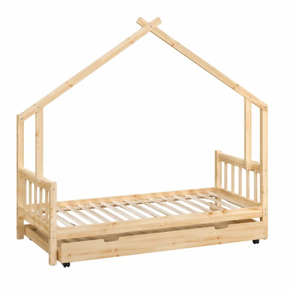 Letto a casetta per bambini 90 x 200 cm in legno massello di pino naturale con letto estraibile