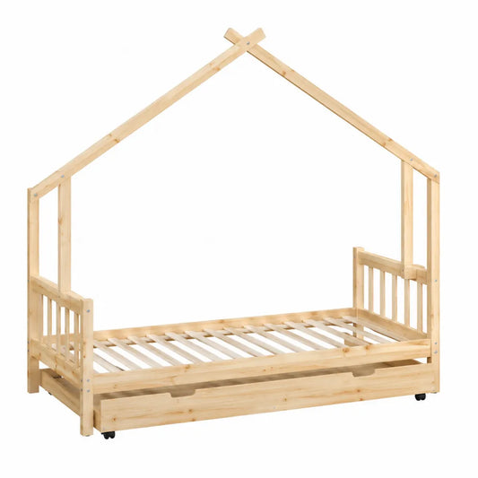 Letto a casetta per bambini 90 x 200 cm in legno massello di pino naturale con letto estraibile