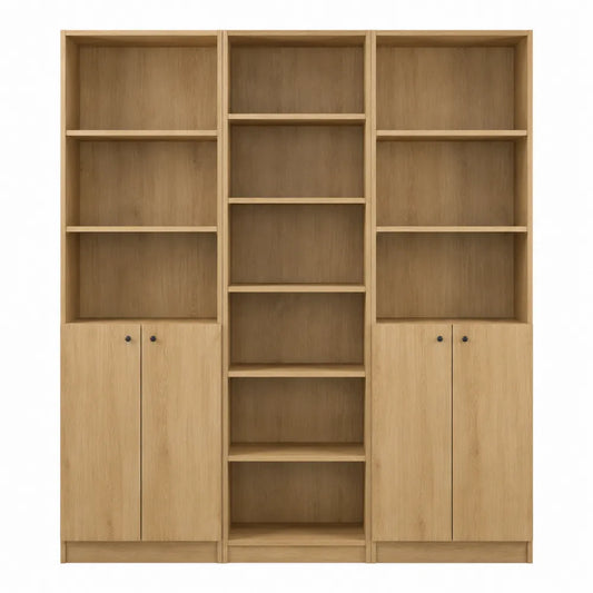 Libreria per ufficio in legno effetto rovere con ante e ripiani aperti struttura modulare con vani contenitori