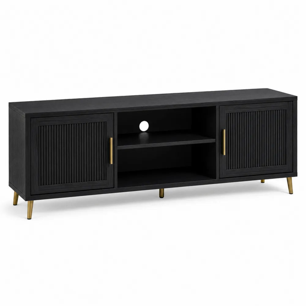 Mobile TV lineare in MDF nero con ante scanalate maniglie oro e gambe in metallo 160 x 40 x 55 cm