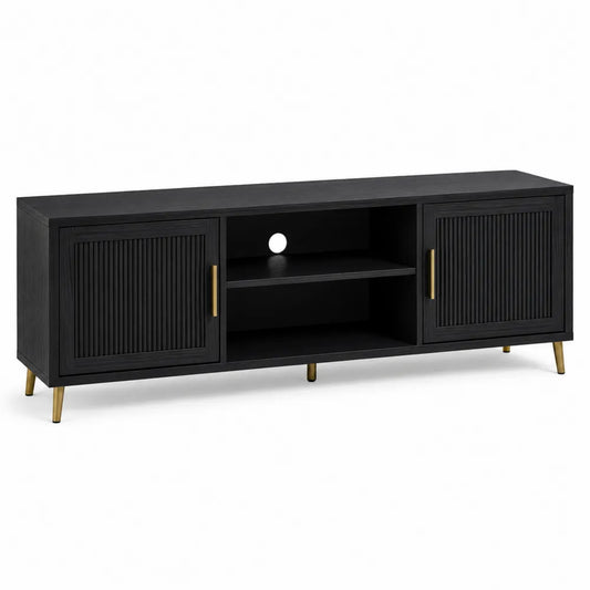Mobile TV lineare in MDF nero con ante scanalate maniglie oro e gambe in metallo 160 x 40 x 55 cm