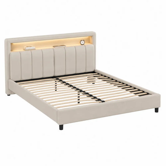 Letto matrimoniale rettangolare 160 x 200 cm in MDF e tessuto di poliestere beige con testiera e luce integrata