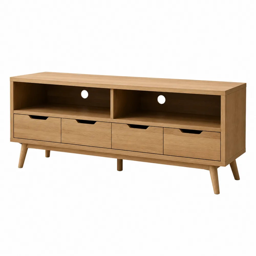 Mobile TV in MDF effetto rovere naturale con 4 cassetti e vani aperti 180 cm x 40 cm x 50 cm con gambe in legno massello