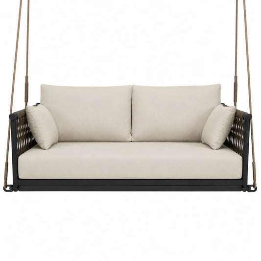 Divano sospeso da esterno a 2 posti in acciaio nero con cuscini beige e corde marroni 180 x 75 x 190 cm