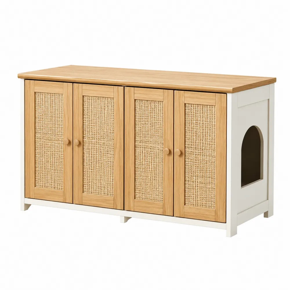 Mobile TV in MDF bianco e rovere chiaro con ante in rattan naturale e apertura laterale ad arco 150 x 40 x 60 cm