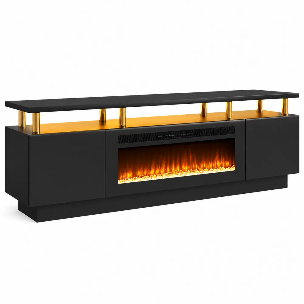 Mobile TV con camino elettrico in MDF nero e dettagli oro 180 cm x 40 cm x 60 cm con effetto fiamma LED e vetro temperato