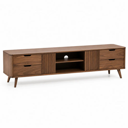 Mobile TV lineare in MDF effetto noce marrone con cassetti ripiani aperti pannelli scanalati e gambe in legno 180 x 40 x 55 cm