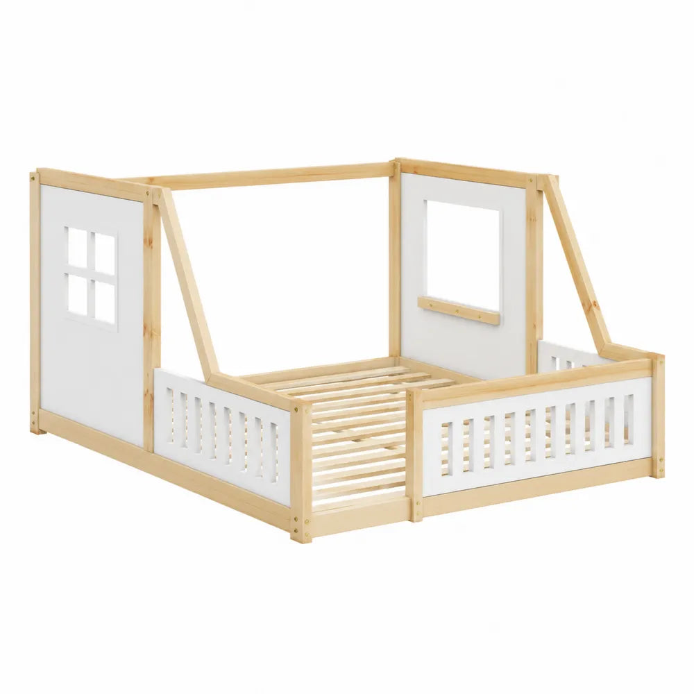 Letto per bambini a casetta 90 x 200 cm legno massello di pino MDF bianco struttura naturale bianco rete a doghe