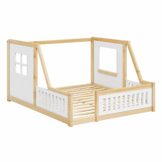 Letto per bambini a casetta 90 x 200 cm legno massello di pino MDF bianco struttura naturale bianco rete a doghe
